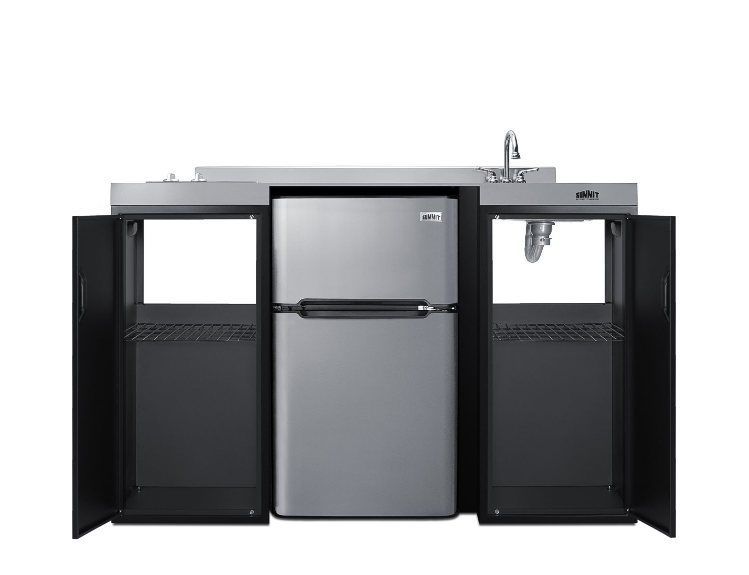 54 inch wide ADA counter height all-in-one kitchenette in black with a removable 2-burner 115V smooth top cooktop, 2-door refrigerator-freezer, sink, and two storage cabinets